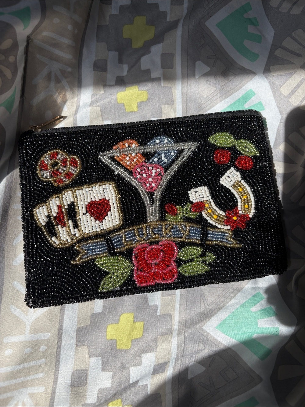Beaded Black 'Lucky' Zip Pouch with Embellished Motifs